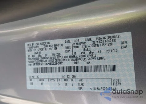 2022 Ford F-250 Xl из США, поврежденный, VIN 1FTBF2B66NEG29082